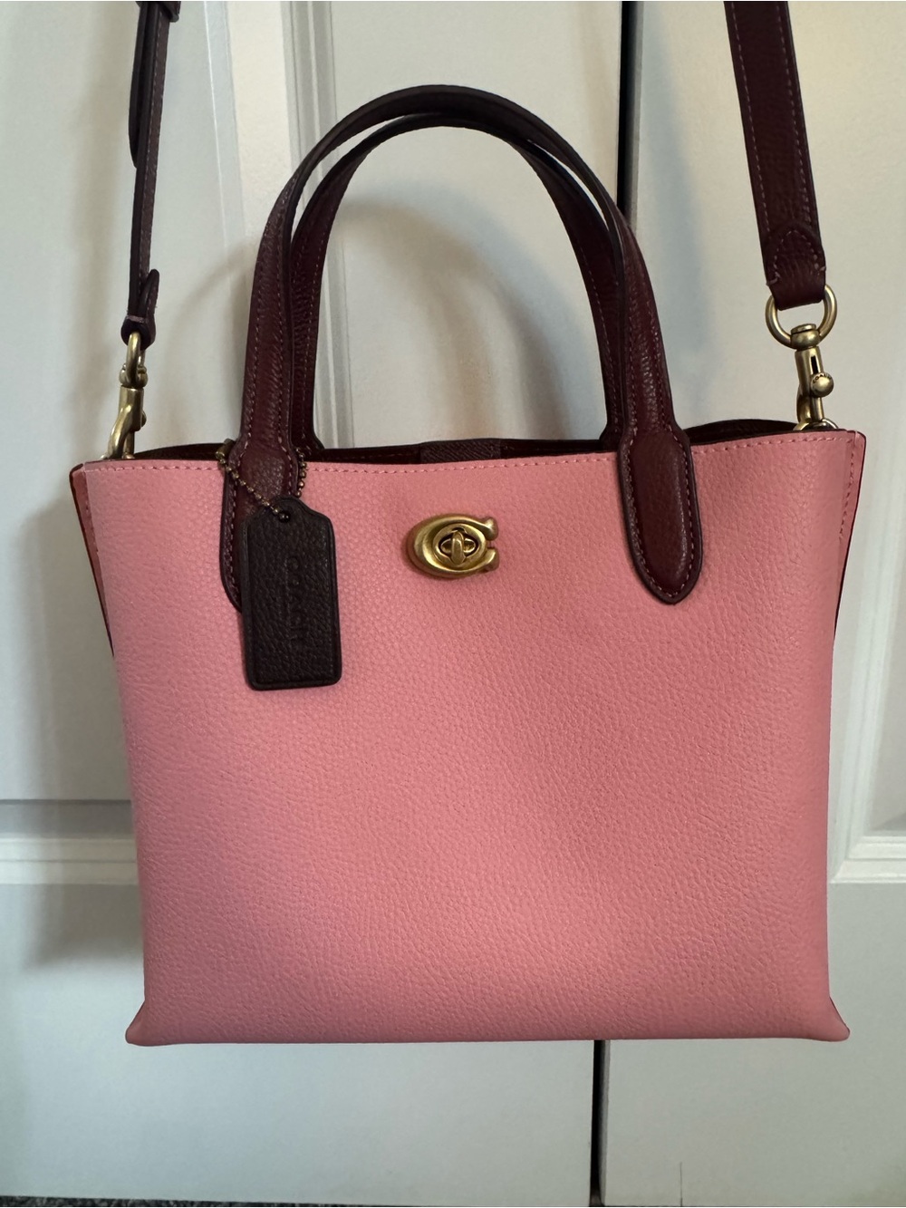Coach Pink Pebbled Leather Satchel with Maroon Trim